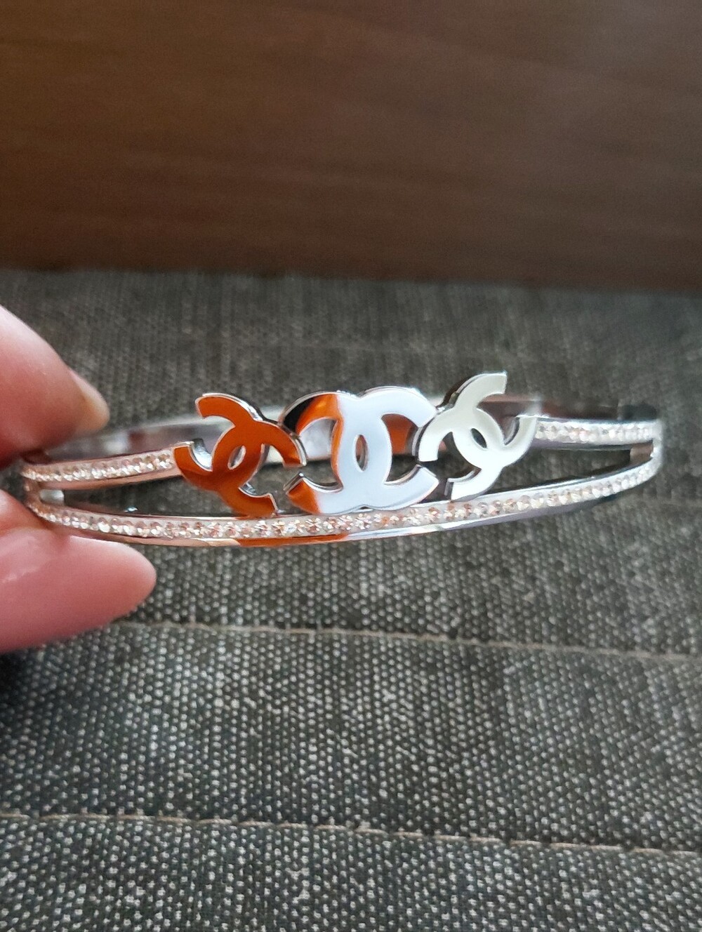 Fashion Jewelry Silver Tone Interlocking Logo Rhinestone Bangle
